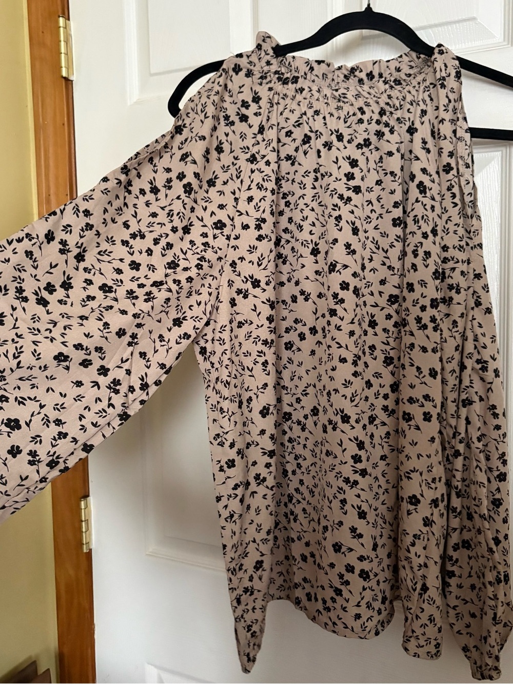 Beige Cold-Shoulder Floral Blouse with Black Print